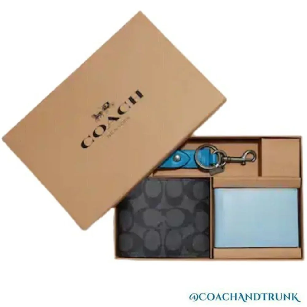 COACH 3 In 1 Leather Wallet Gift Set Color Block Signature Canvas Gift Box NWT